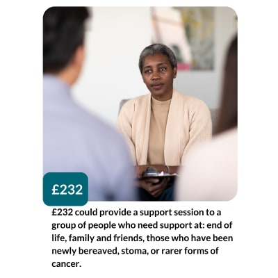 £232 could provide a support session to a group of people who need support at: end of life, family and friends, those who have been newly bereaved, stoma, or rarer forms of cancer.